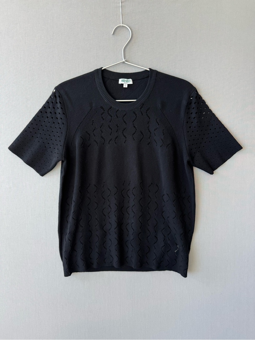 Kenzo Paris Perforated Knit Stretch Lace Crewneck Short-Sleeve Top - Size Large